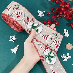 印刷されたポリエステル模造リネンラッピングリボン  クリスマス工芸品の装飾用  花弓クラフト  雪だるま模様  レッド  64x1mm  約9.95ヤード（9.1m）/ロール&nbsp;OCOR-WH0077-53