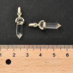 天然水晶ダブルターミナル尖頭ペンダント  真鍮製の金具が付いたロッククリスタルのファセット弾丸チャーム  イオンプレーティング（ip）  ゴールドカラー  21x7x7.5mm  穴：3.5x2mm&nbsp;G-H097-01G-02