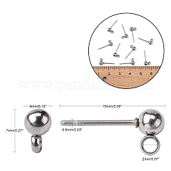 変色しない304ステンレススチールスタッドピアス金具  ボールポストイヤリングスタッド  カン付き  ステンレス鋼色  15x7x4mm  穴：1.7~2mm  ピン：0.8mm&nbsp;X-STAS-E026-3