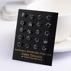 スクエアキュービックジルコニアスタンドピアス  304ステンレスピン付き  ブラック  6.5x6mm  ピン：0.9mm&nbsp;X-EJEW-H306-05-6mm