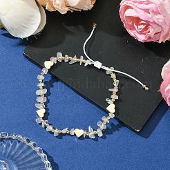 Natural Rose Quartz Chip & Heart Brass Braided Bead Bracelets&nbsp;BJEW-JB10592