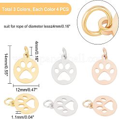 12個3色304ステンレススチールチャーム  犬の足のプリントとフラットラウンド  ミックスカラー  14x12x1.1mm  穴：4mm  4個/カラー&nbsp;STAS-UN0022-58
