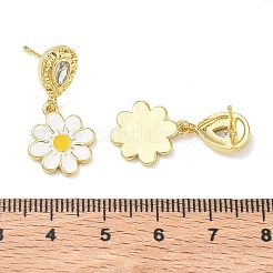 真鍮 マイクロ パヴェ キュービックジルコニア ダングル スタッド イヤリング 女性用  ティアドロップの花  エナメル  ラックめっき  長持ちメッキ  鉛フリー＆カドミウムフリー  18KGP本金メッキ  27.5x12.5mm&nbsp;EJEW-A167-28G