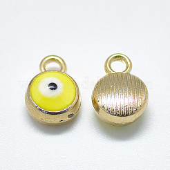 ライトゴールドメッキの合金チャーム  エナメル  ナザールボンジュウ付きフラットラウンド  きいろ  10x7x4.5mm  穴：1.5mm&nbsp;ENAM-S117-27E