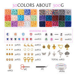 DIY プレッピー ブレスレット メイキング キット  ポリマークレイディスク、アクリルレター、プラスチックスター、天然シェルビーズを含む  ハート＆リーフ＆エンジェル＆フラミンゴ合金ペンダント  ピンセット  はさみ  ミックスカラー&nbsp;DIY-TA0008-97