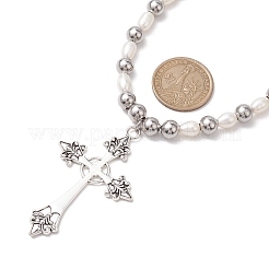 Natural Pearl with Cross Alloy Pendant Necklaces&nbsp;NJEW-JN04813
