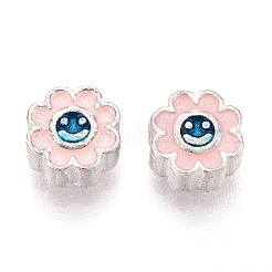 スターリングシルバーエナメルビーズ925個  笑顔の花  銀色のメッキ  ピンク  6x6x3mm  穴：1.2~1.4mm&nbsp;STER-T008-36C