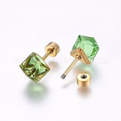 304ステンレススチール製耳たぶプラグ  スクリューバックイヤリング  ガラスラインストーン付き  キューブ  ミックスカラー  6x6x6mm  ピン：1mm  12のペア/袋&nbsp;EJEW-H362-01G