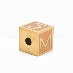 304ステンレススチールビーズ  エナメル  ピンク  文字付きのキューブ  ゴールドカラー  a～zの文字  7x7x7mm  穴：2mm&nbsp;STAS-N087-43-04-G