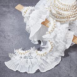プリーツシフォンフラワーレーストリム  アブソリュートプラスチック模造パールビーズ  ジュエリー作り用ポリエステルリボン  服飾材料  ホワイト  3-3/8インチ（85mm）  約3ヤード/バッグ&nbsp;SRIB-NB0001-08