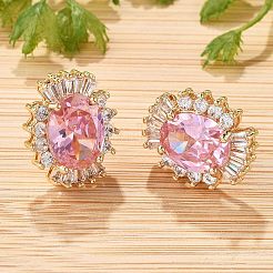 女性用オーバル真鍮マイクロパヴェキュービックジルコニアスタッドピアス  カドミウムフリー＆鉛フリー  長持ちメッキ  ラックめっき  ゴールドカラー  ピンク  15.5x12.5mm&nbsp;EJEW-G428-27G-04