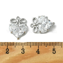 真鍮チャーム  ガラスと  ボウコントチャーム付きハート  プラチナメッキ  16.5x12x4mm  穴：1.2mm&nbsp;KK-D092-05P