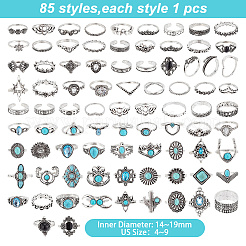 85Pcs 85 Style Rhombus & Crown & Heart & Moon & Flower Rhinestone Open Cuff Rings Set with Imitation Turquoise Beaded&nbsp;RJEW-AR0001-03