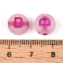 光沢のあるフロストアクリルビーズ  電気めっき  アルファベット付きフラットラウンド  暗闇で光る  文字d  10x5mm  穴：2mm  約1390個/500g&nbsp;FACR-T008-02D