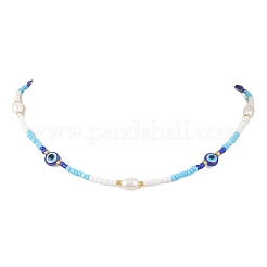 Natural Pearl & Resin Evil Eye & Glass Seed Beaded Necklaces for Women&nbsp;NJEW-MZ00152-01