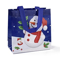 クリスマステーマラミネート不織布防水バッグ  ヘビーデューティストレージ再利用可能なショッピングバッグ  ハンドル付き長方形  ダークブルー  雪だるま模様  21.5x11x21.2cm&nbsp;ABAG-B005-01A-02