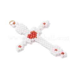 ガラスシードビーズクロスペンダント  304ステンレススチール製丸カン付き  18KGP本金メッキ  レッド  43.5x30.5x1.5mm  穴：3.5mm&nbsp;PALLOY-MZ00947-01