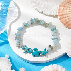 天然アマゾナイトと合成ターコイズのビーズストレッチブレスレット（女性用）  カメとヒトデ  ターコイズ  内径：2-1/8インチ（5.5cm）&nbsp;BJEW-JB10750-01