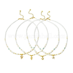 Ocean Brass Pave Clear Cubic Zirconia Sea Animals Pendant Natural Shell and Glass Seed Beaded Necklaces for Women&nbsp;NJEW-JN06345