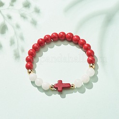 Natural White Jade & Synthetic Turquoise(Dyed) Stretch Bracelet with Cross&nbsp;BJEW-JB08295-04