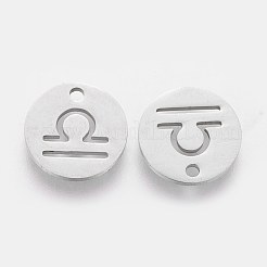 変色しない304ステンレススチールチャーム  星座/星座とフラットラウンド  天秤座  12x1mm  穴：1.5mm&nbsp;STAS-Q201-T095-7