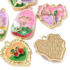 合金エナメル＆プラスチックパールペンダント  花/桜柄のハート型チャーム  ゴールドカラー  ミックスカラー  23.5~31x18.5~24.5x5.5~7mm  穴：2mm  約6個/セット&nbsp;AL-CBADB2B-03G