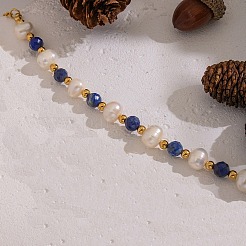 304 Stainless Steel & Natural Freshwater Pearl & Lapis Lazuli Beaded Bracelets for Women&nbsp;BJEW-B162-03G