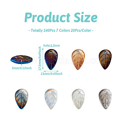 140 個 7 色のガラスペンダント  ヘアアクセサリー用  葉  ミックスカラー  17.5x11x3mm  穴：1.2mm  20個/カラー&nbsp;GLAA-SW0001-01
