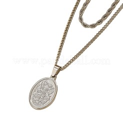 304ステンレススチール製ロープチェーン二重ネックレス  男性向けの楕円形の大天使聖ミカエルペンダントネックレス  銀  19.69インチ（50cm）および21.65インチ（55cm）  2個/セット&nbsp;WG0A8AC-01