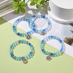 4 個 4 スタイル アクリル ラウンド ビーズ ストレッチ ブレスレット セット  花と太陽とナザールボンジュウの合金エナメル チャーム スタッカブル ブレスレット 女性用  ドジャーブルー  チャーム：13~19x13.5~21mm  内径：2-1/4インチ（5.7cm）  1個/スタイル&nbsp;BJEW-JB08926-03
