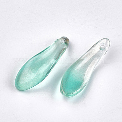 塗装ガラスペンダントスプレー  グリッターパウダー付き  葉  ミディアムターコイズ  26x8.5x3.5mm  穴：0.5mm&nbsp;GGLA-S043-01D