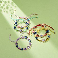 ナザールボンジュウ樹脂ビーズ & フラット ラウンド合金ラインストーン編組ビーズ ブレスレット女の子女性  調節可能なナイロン糸コードブレスレット  ゴールドカラー  ミックスカラー  内径：1-5/8~2-3/4インチ（4.2~7cm）&nbsp;BJEW-JB08740-01
