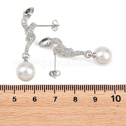 スネーク真鍮マイクロパヴェキュービックジルコニアスタッドピアス  ABSの模造パールと  ラックメッキ長持ちメッキ  鉛フリー＆カドミウムフリー  プラチナ  39x10mm&nbsp;EJEW-K249-13P