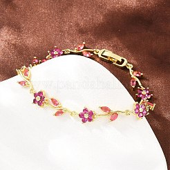 真鍮製パヴェキュービックジルコニアフラワーリンクチェーンブレスレット（女性用）  ラックめっき  長持ちメッキ  カドミウムフリー＆鉛フリー  18KGP本金メッキ  濃いピンク  7.44インチ（18.9cm）&nbsp;KK-CBA68DA-14G-04