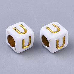 メッキアクリルビーズ  水平穴  ゴールドライン入り  アルファベットスタイル  キューブ  文字.u  5.5~6x5.5~6x5.5~6mm  穴：3.5mm  約3000個/500g&nbsp;SACR-S297-09U
