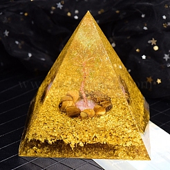 オルゴナイトピラミッド樹脂ディスプレイ装飾  天然ペリドット付き  タイガーアイチップス  内部の金箔と銅線  ホームオフィスの机の装飾用  ゴールド  80mm&nbsp;PW-WGDE81D-01