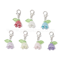 花のアクリルとプラスチックの模造真珠ビーズペンダント装飾  亜鉛合金カニカン付き  プラチナ  25mm  7個/セット&nbsp;HJEW-JM03231-01