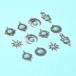 12個 6スタイル チベットスタイル 合金パヴェ模造ターコイズペンダント  混合図形  アンティークシルバー  26~40x19~27x4~6mm  穴：2~3mm  2個/スタイル&nbsp;FIND-FS0002-81
