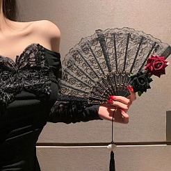 プラスチックレースのヴィンテージ扇子  バラ  ハロウィン コミックコン コスプレ アクセサリー  ブラック  230mm&nbsp;PW-WG00BE2-01
