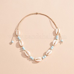 Natural Cowrie Shell & Round Acrylic Beaded Waxed Cord Braided Necklaces for Women&nbsp;FS-WG6249B-01