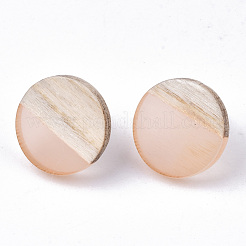 透明樹脂＆ウッドスタッドピアス  304ステンレスピン付き  フラットラウンド  桃パフ  15mm  ピン：0.7mm&nbsp;EJEW-N017-003A-D06
