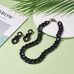 Ccbプラスチック＆アクリルカーブチェーンネックレス＆ダングルスタッドピアス  女性のためのステンレス鋼のピンがセットされた分厚いジュエリー  ブラック  18.50インチ（47cm）  52x21x6mm  ピン：0.9mm&nbsp;SJEW-JS01233-01
