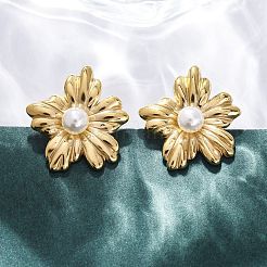 304ステンレススチールスタッドピアス  プラスチック模造パールと  花  PVD真空メッキ  長持ちメッキ  ゴールドカラー  25x22.5mm&nbsp;EJEW-B108-12G