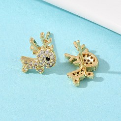 真鍮マイクロパヴェクリアキュービックジルコニア鹿スタッドピアス  長持ちするプレート  ラックめっき  鉛フリー＆カドミウムフリー  18KGP本金メッキ  13x10mm&nbsp;EJEW-F400-27A-G