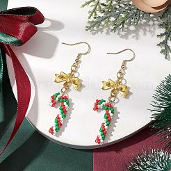 クリスマステーマのガラスシードビーズダングルイヤリング（女性用）  合金リンクコネクターと304ステンレススチールイヤリングフック付き  キャンディー棒  ゴールドカラー  69x19.5mm&nbsp;EJEW-MZ00215