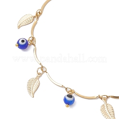 Handmade Evil Eye Lampwork & Stainless Steel Leaf Tassel 304 Stainless Steel Curved Bar Link Chain Anklets for Women&nbsp;AJEW-AN00742-02