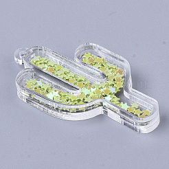 透明なアクリルパーツ  内側にバケツ/スパンコール付き  サボテン  緑黄  48.5x26x6mm  穴：1.8mm&nbsp;TACR-R145-01