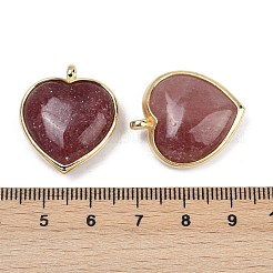 天然イチゴクォーツペンダント  ラックメッキ真鍮ハートチャーム付き  ゴールドカラー  24.5x21.5x8mm  穴：2.2mm&nbsp;G-K347-10G-05