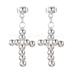 Brass Beaded Cross Dangle Stud Earrings&nbsp;EJEW-JE06479-03
