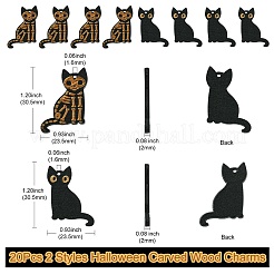 20 個 2 スタイルのハロウィーン彫刻木製ペンダント  猫のチャーム  ブラック  30.5x23.5x2mm  穴：1.6mm  10個/スタイル&nbsp;WOOD-CJ0001-73